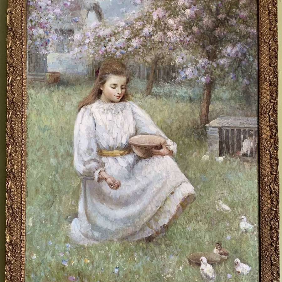 British School, Girl Feeding Ducklings, Oil on Canvas