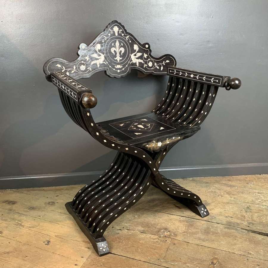 Antique North Italian Ebonised & Inlaid Savonarola Chair