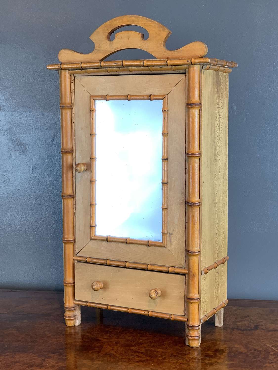 Antique French Pine & Faux Bamboo Doll's Armoire