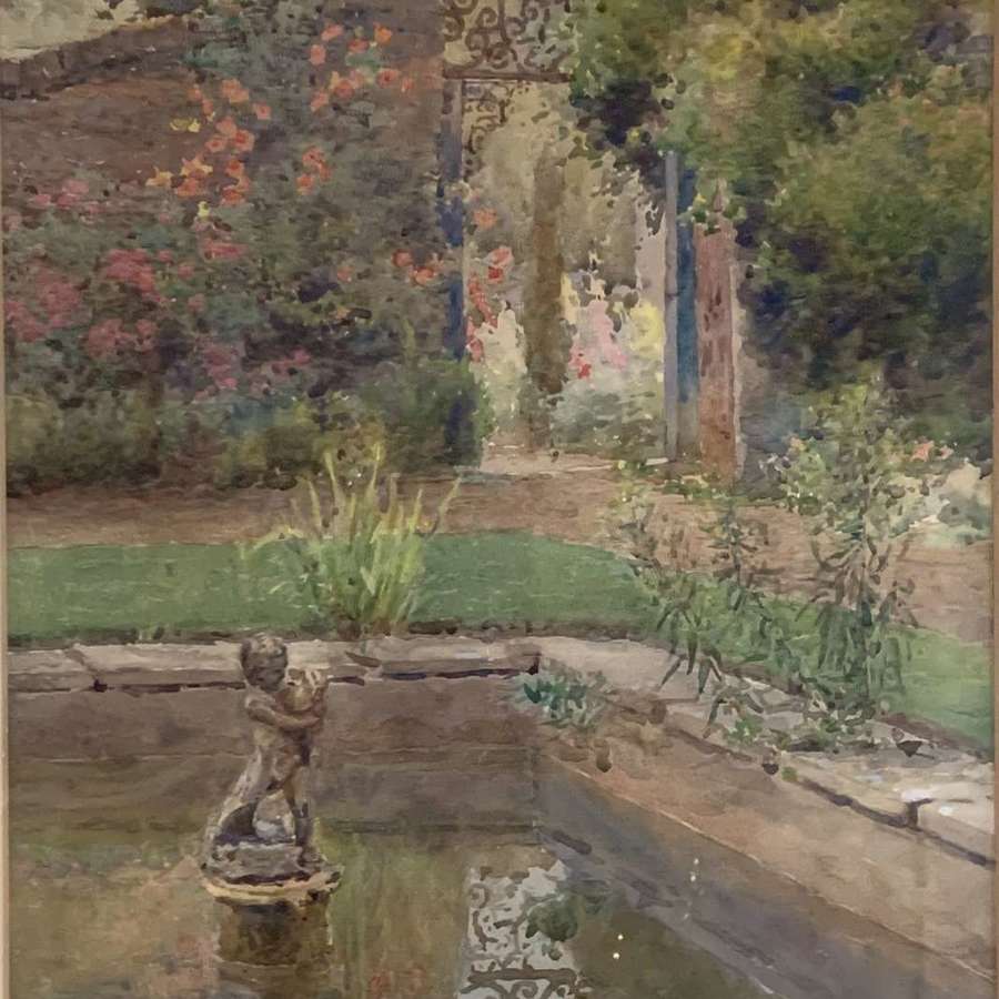 Charles Edwin Flower Watercolour of an Ornamental Pond in a Garden