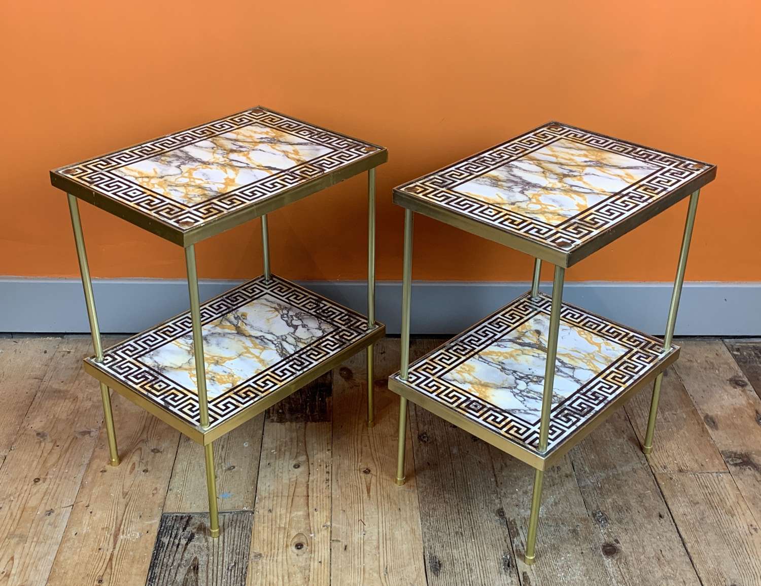 Pair of 1960's Key Pattern Faux Marble Two Tier Side Tables