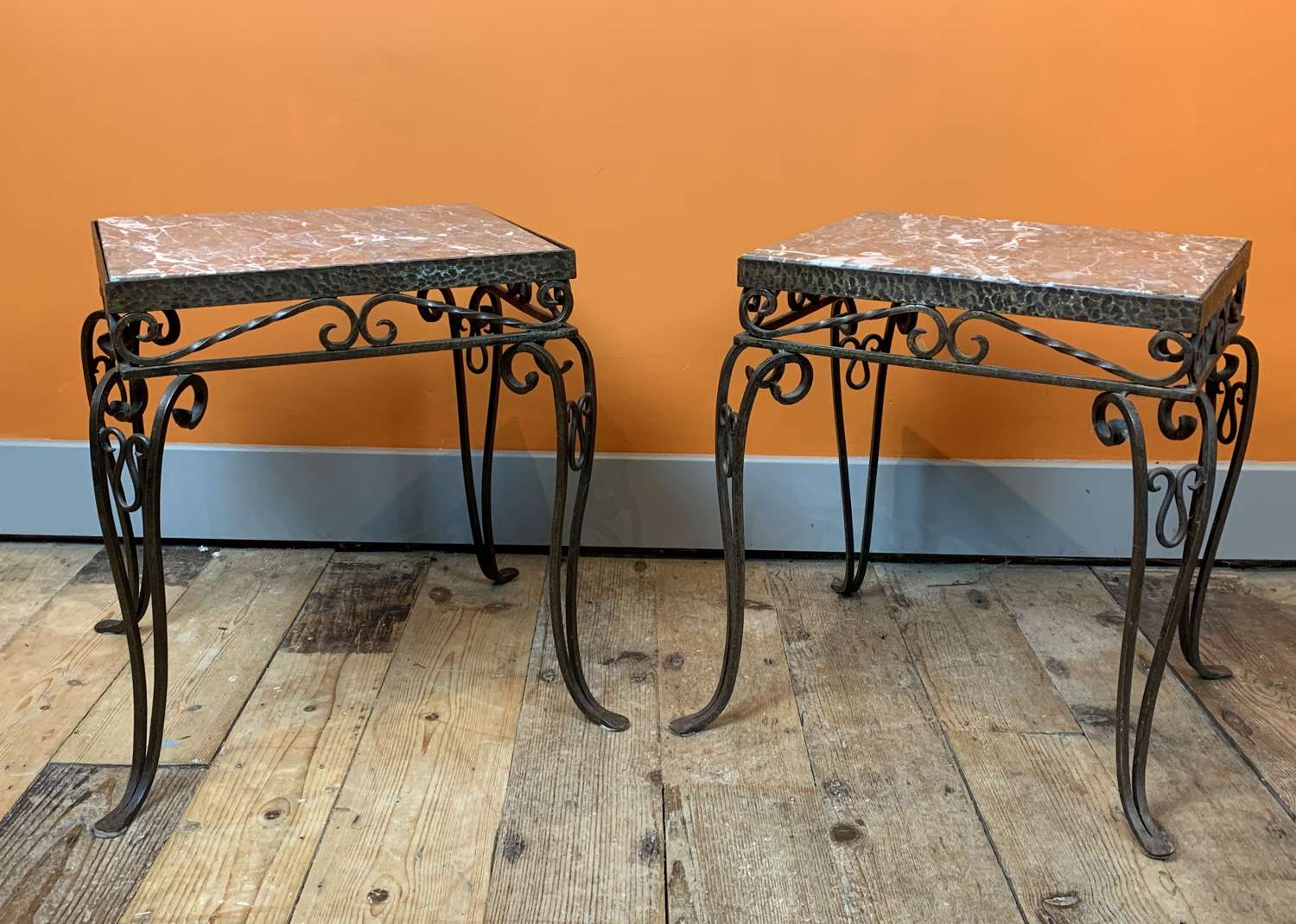 Pair of French 1940's Wrought Iron & Marble Side Tables