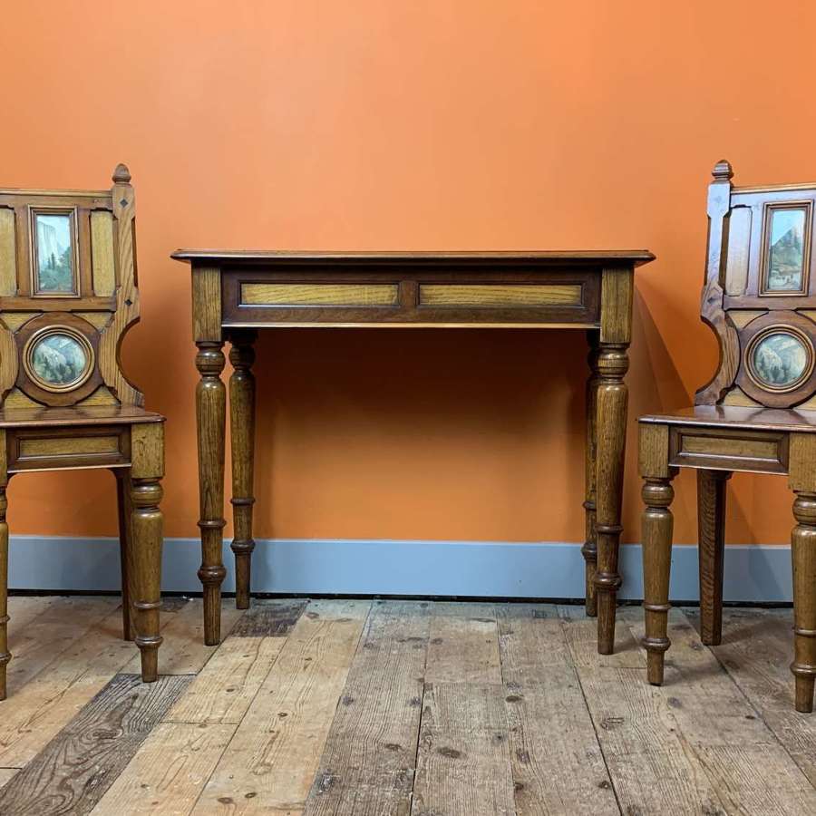 Pair of Gothic Revival Hall Chairs and Matching Console Table