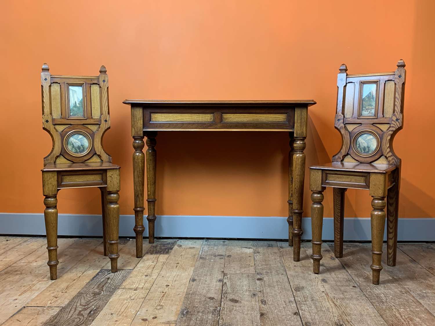 Pair of Gothic Revival Hall Chairs and Matching Console Table