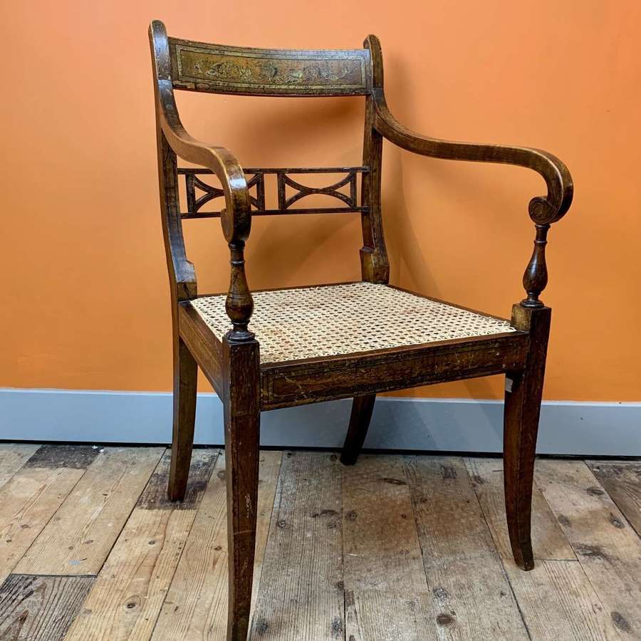 Regency Cane Seated Armchair With Original Painted & Gilt Decoration