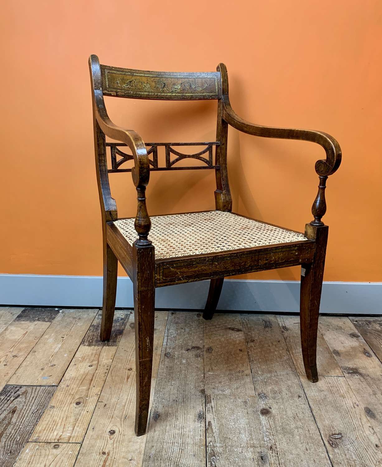 Regency Cane Seated Armchair With Original Painted & Gilt Decoration