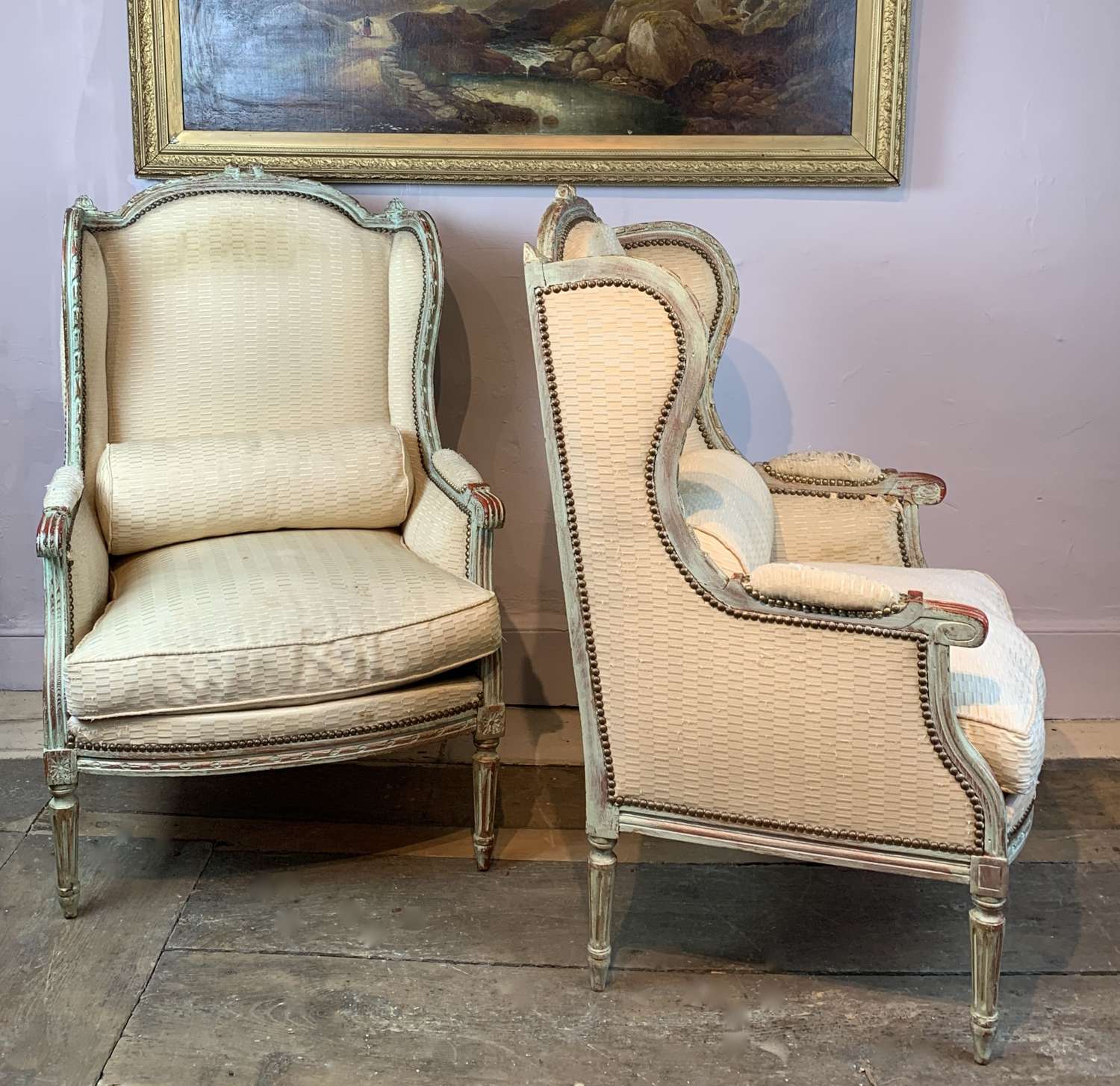Pair of Antique French Louis XVI Style Painted Wing Armchairs