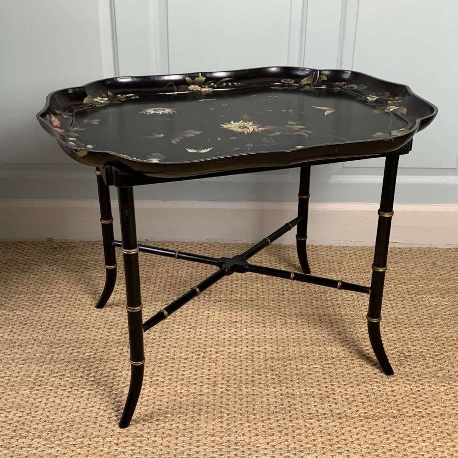 Victorian Jennens & Bettridge Papier Mache Tray upon Faux Bamboo Stand