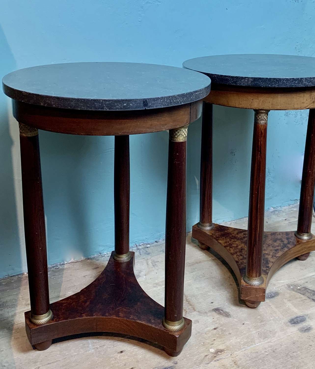 Pair of French Empire Revival Marble Top Side Tables