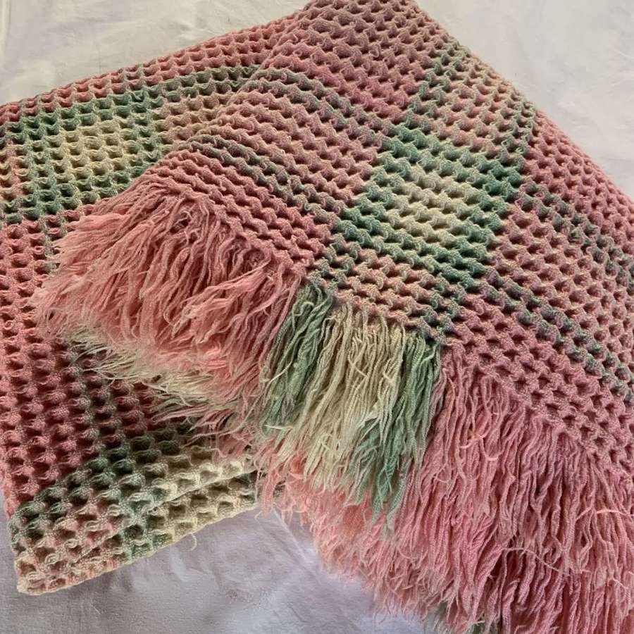 Vintage Welsh Wool Pink & Green Waffle Blanket