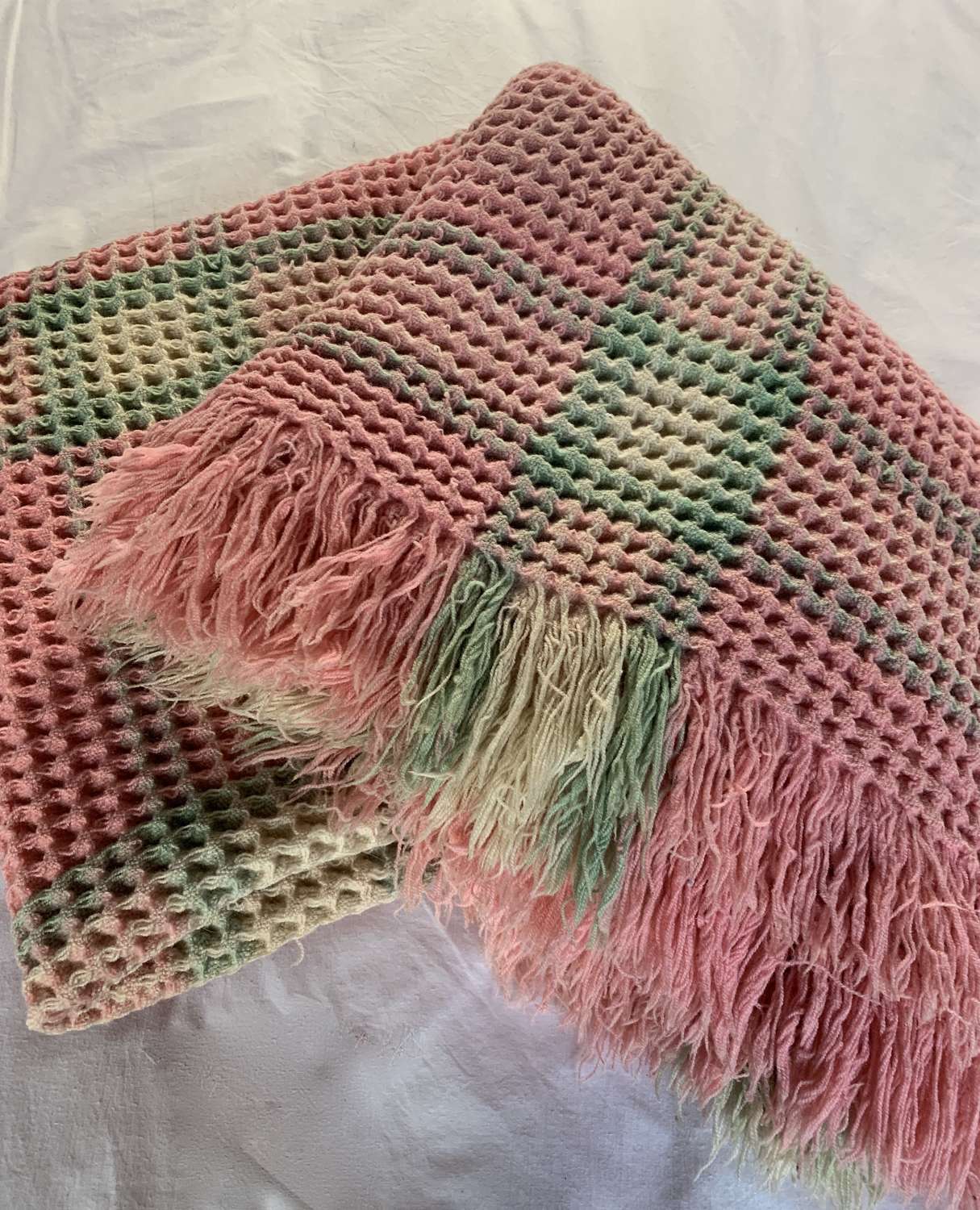 Vintage Welsh Wool Pink & Green Waffle Blanket