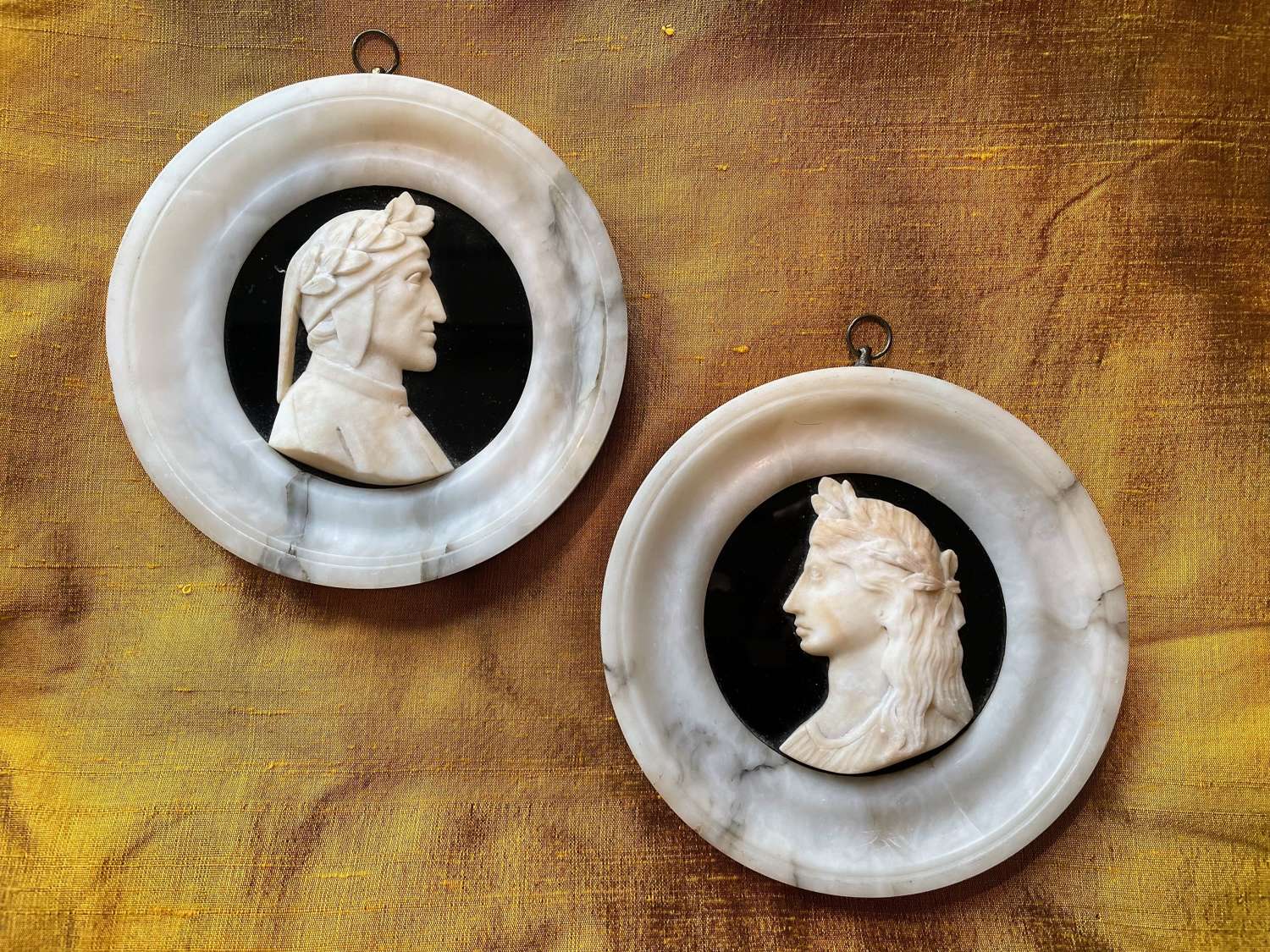 Pair of Italian Carved Alabaster Portrait Medallions