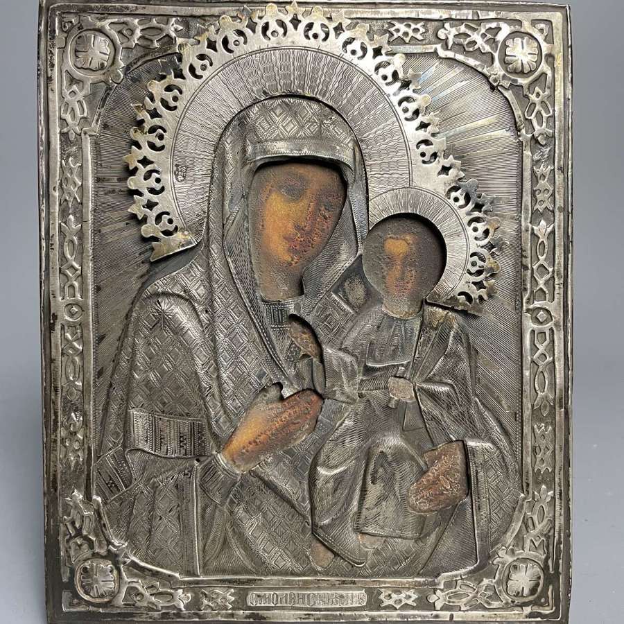 Russian Silver Icon, Moscow 1881, Madonna as The Holy Mother of Kazan
