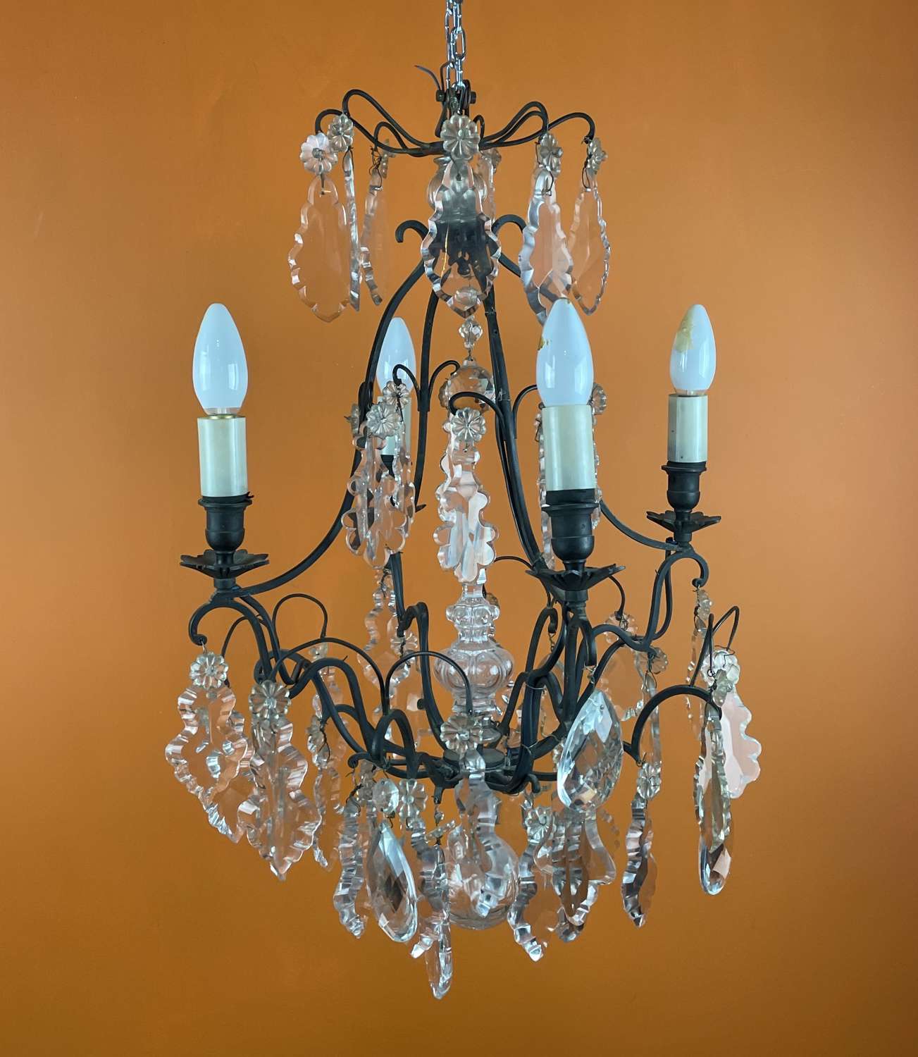 Vintage French Cut Glass Cage Chandelier
