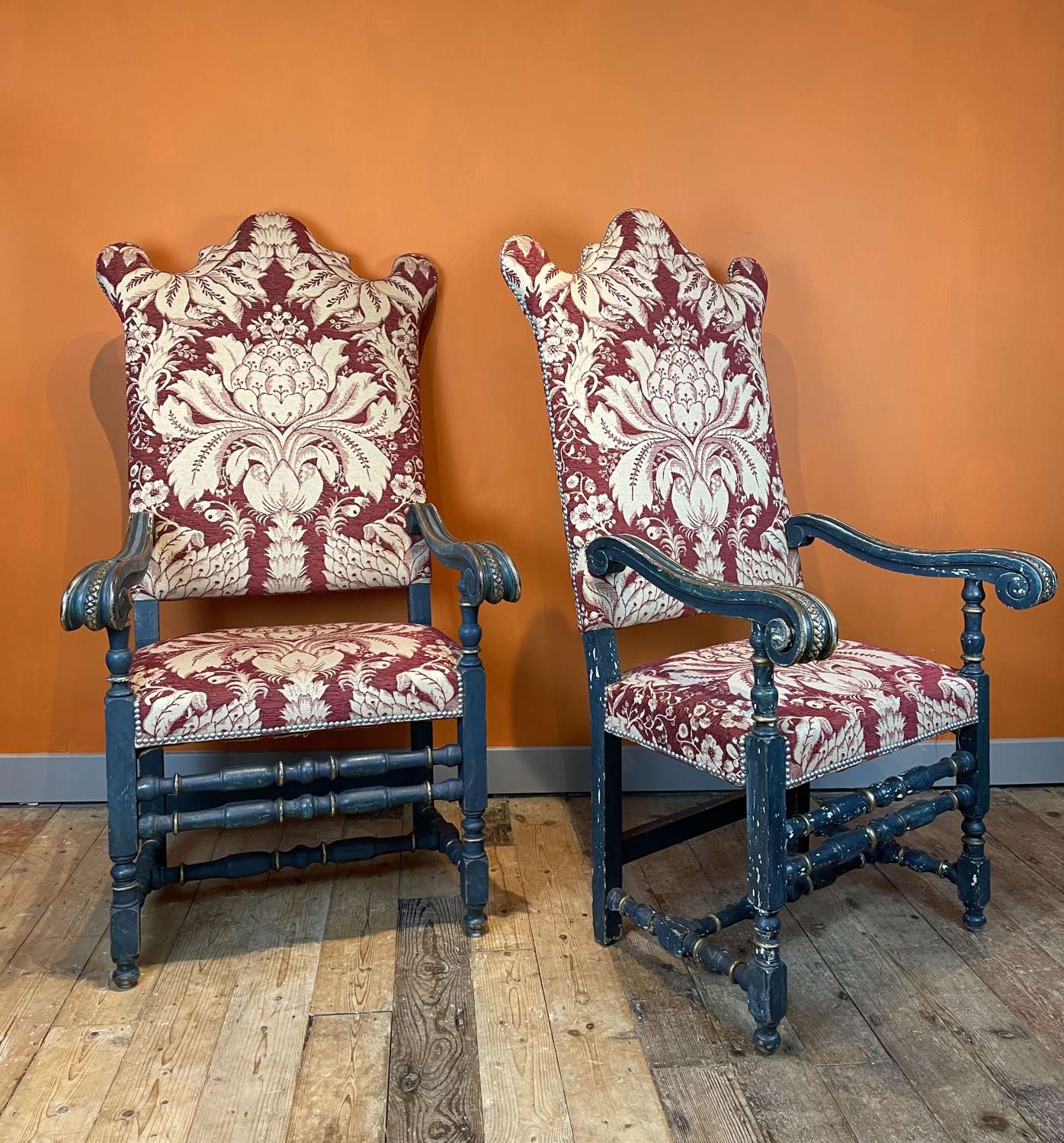 Large Pair of 19th Century Continental Armchairs in 17th Century Style