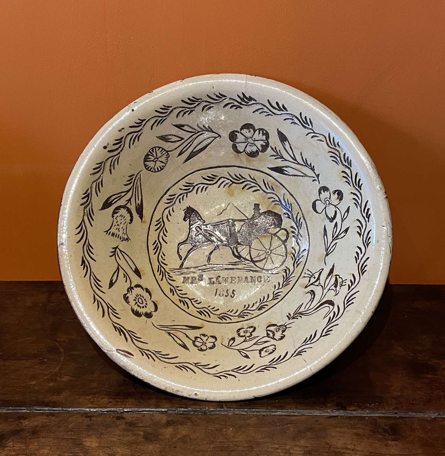 Scottish Sgraffito Redware Dairy Bowl Named & Dated 1855