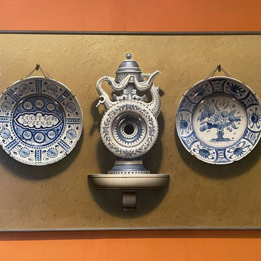Frederick Clifford Harrison Trompe L'oeil of Delft Plates & Kvass Jar