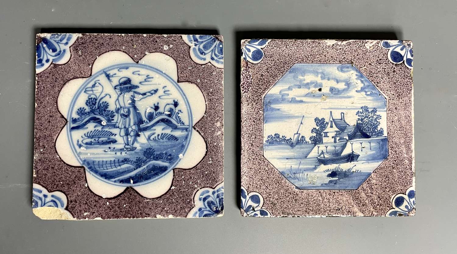Two Delft Blue & White Tiles with Powder Manganese Ground