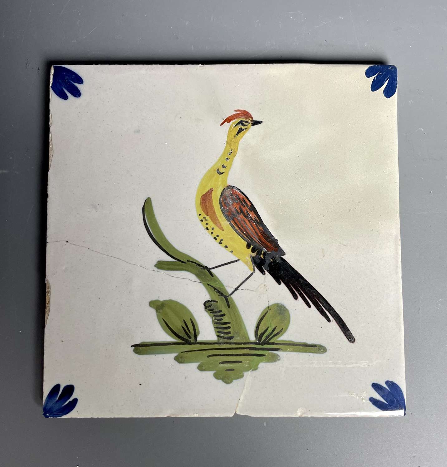 Liverpool Delft Polychrome Tile Painted with a Bird