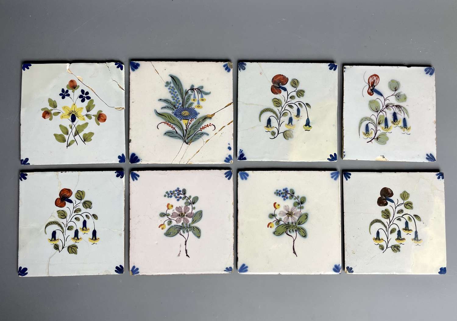 Set of Eight 18th Century Delft Polychrome Tiles