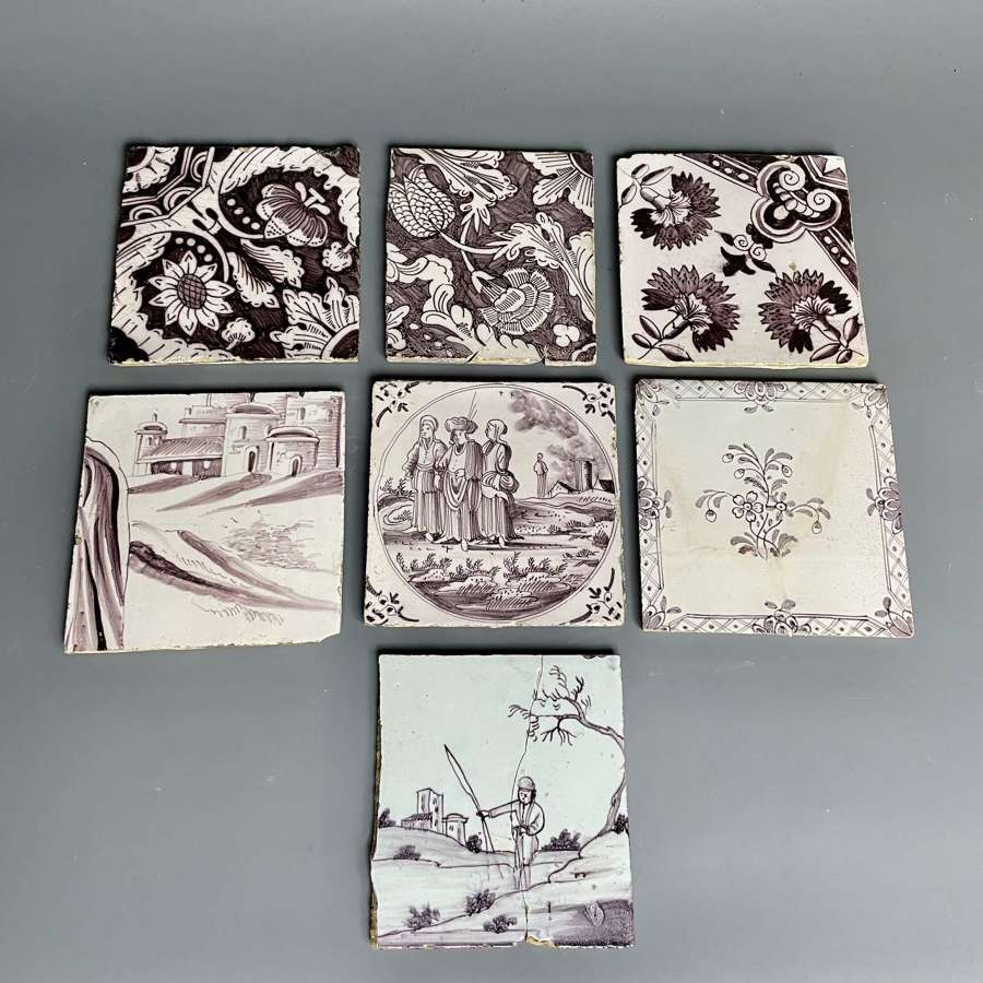 Seven Delft Manganese Tiles