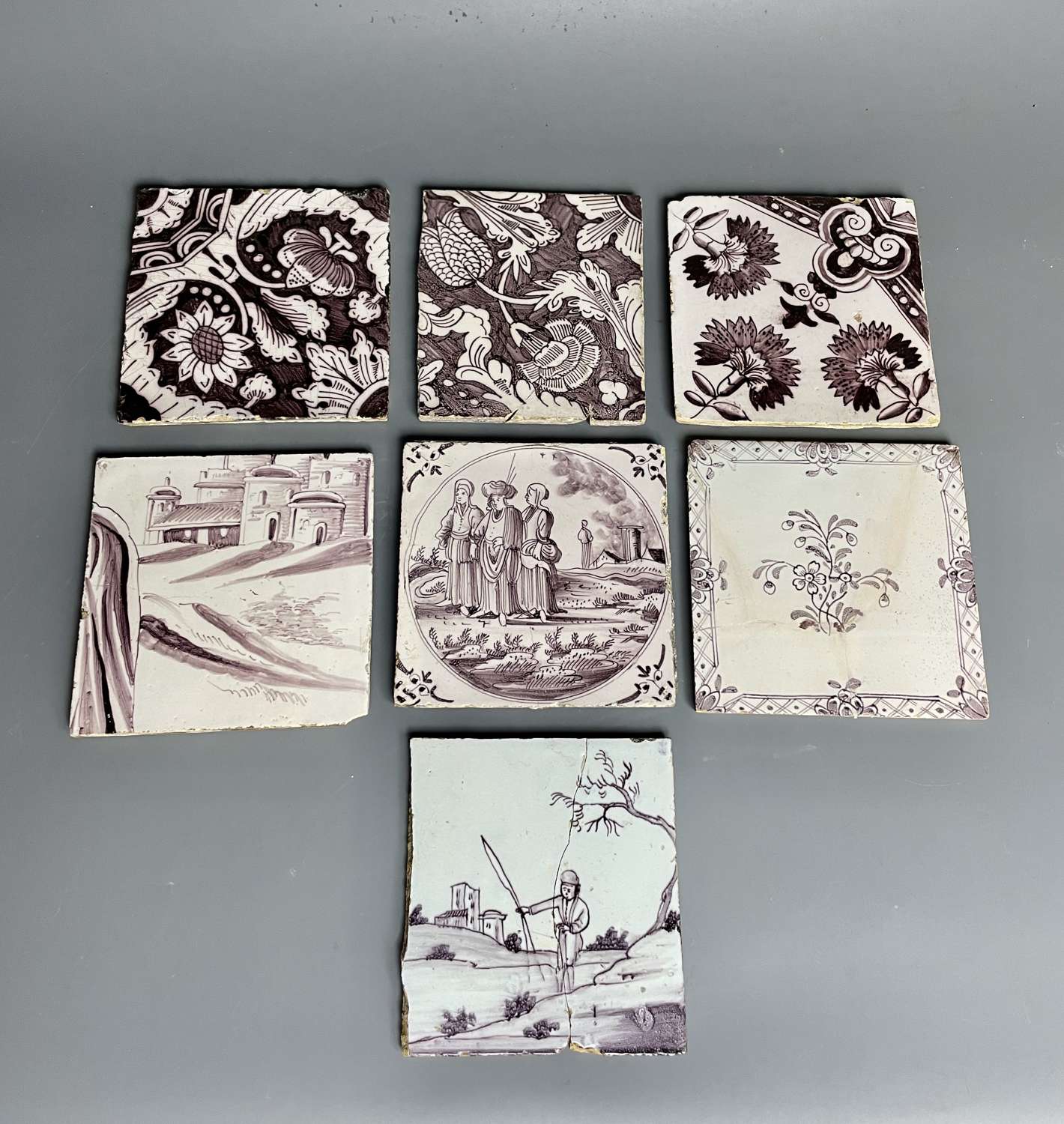Seven Delft Manganese Tiles
