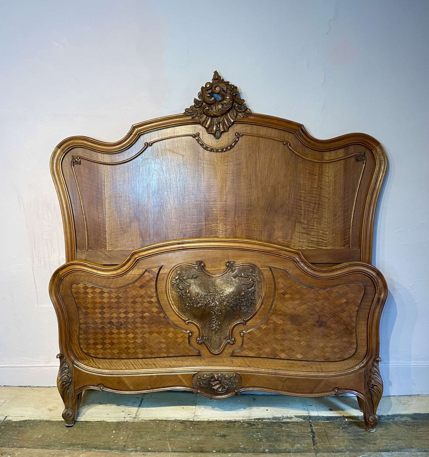 French Walnut Marquetry Rococo Revival Double Bed