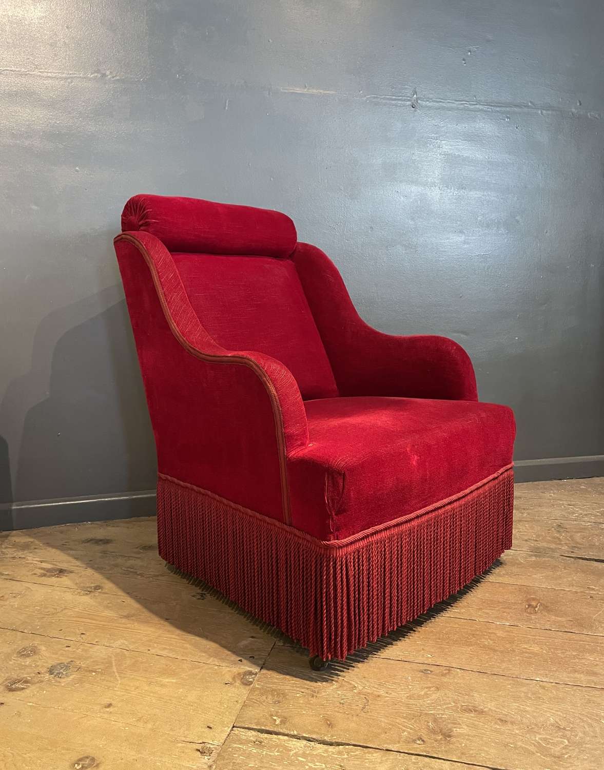 Antique French Red Chenille Armchair with Bolster Back