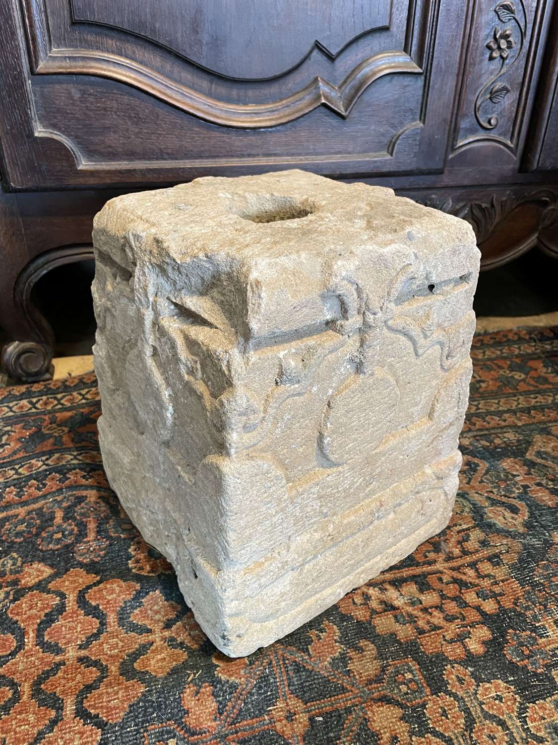 Antique Indian Carved Stone Column Base