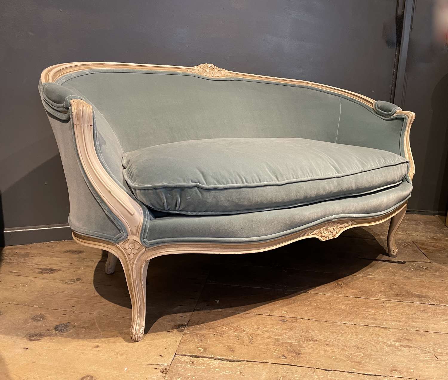 Antique French Louis XV Revival Sofa Newly Upholstered in Blue Velvet