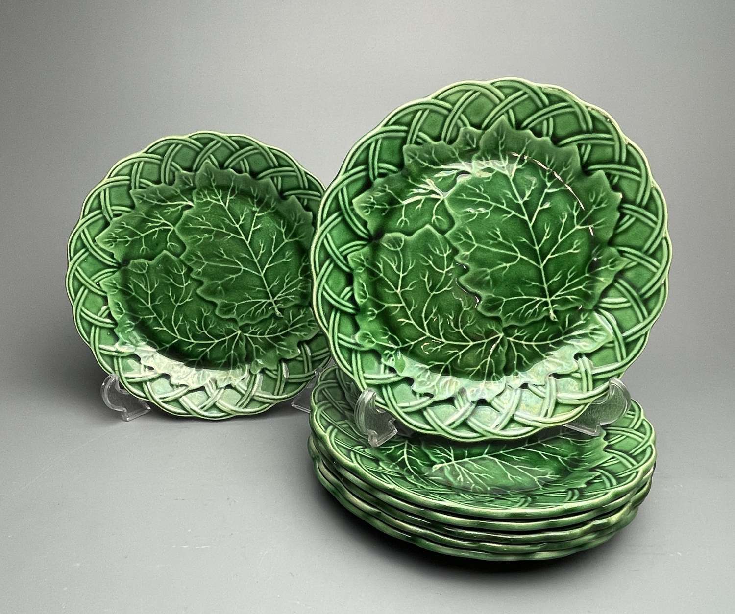 Victorian Green Majolica Leaf & Basket Weave Plates