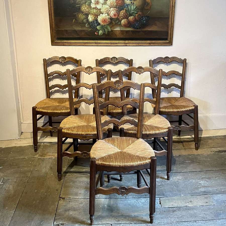 Set of Six Vintage French Rush Seated Ladderback Chairs