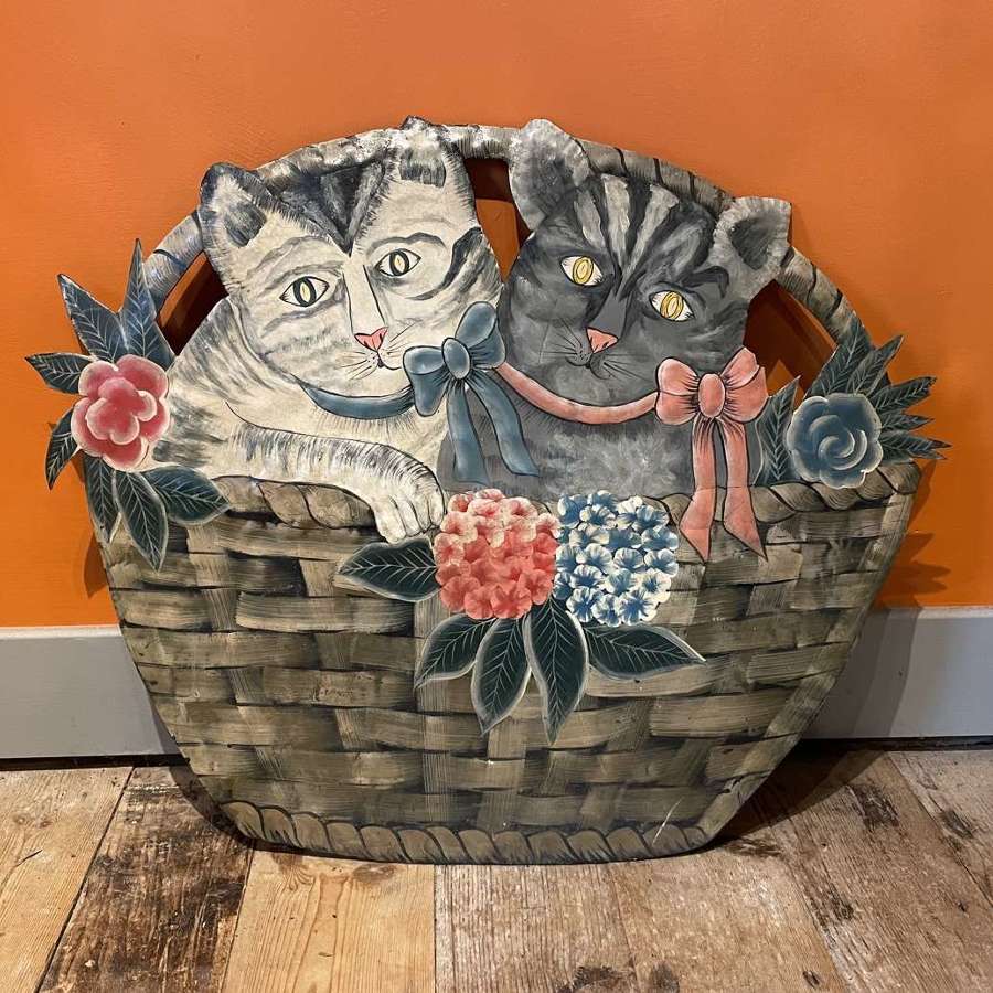 Painted Toleware Firescreen of Cats in a Basket