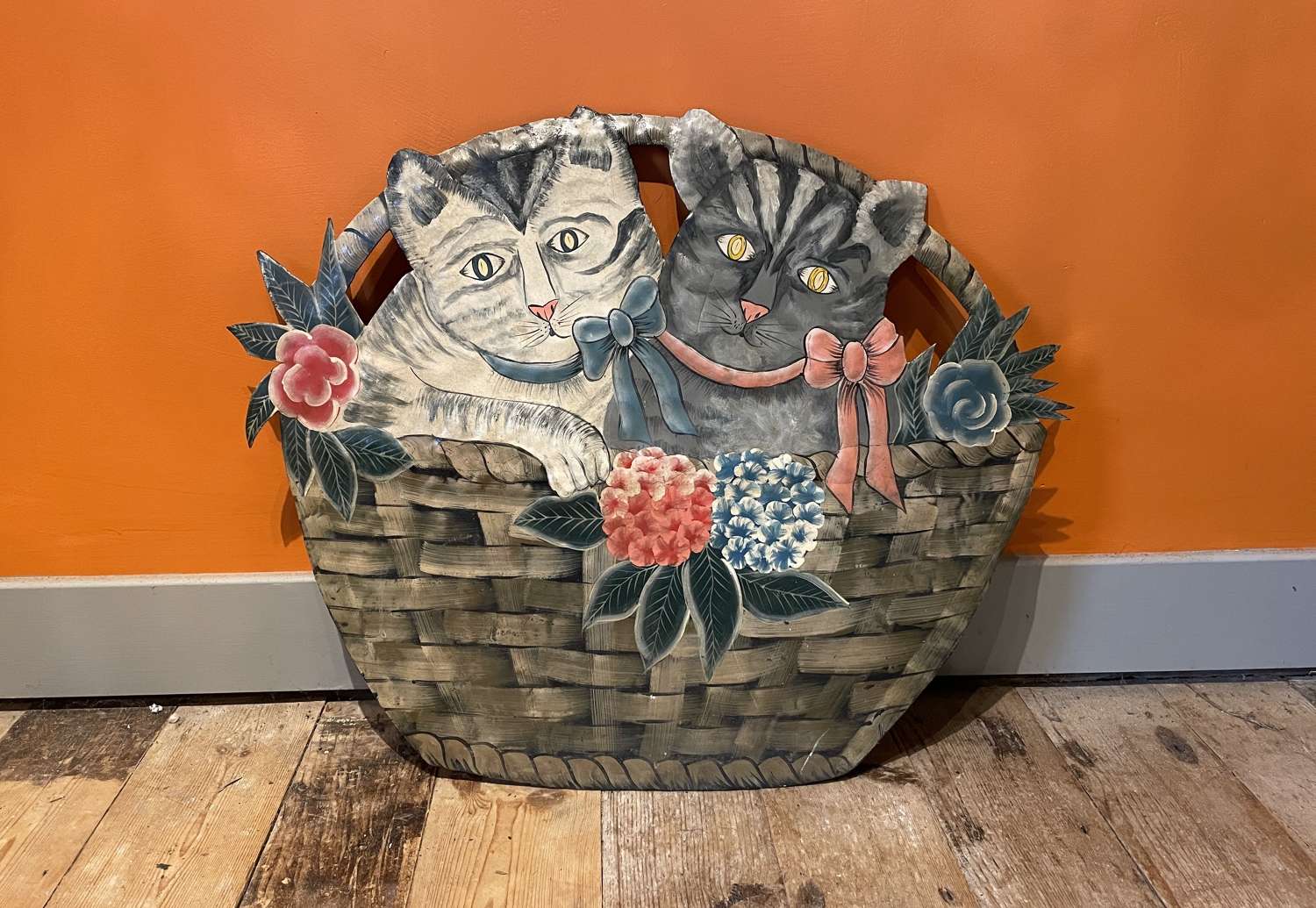 Painted Toleware Firescreen of Cats in a Basket