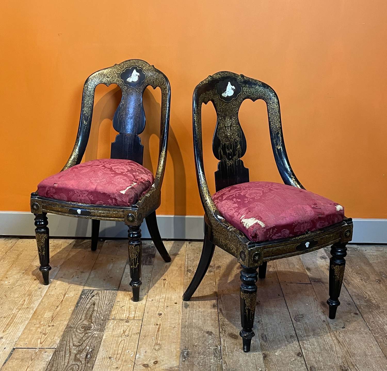 Pair of Victorian Japanned Papier Mache Salon Chairs