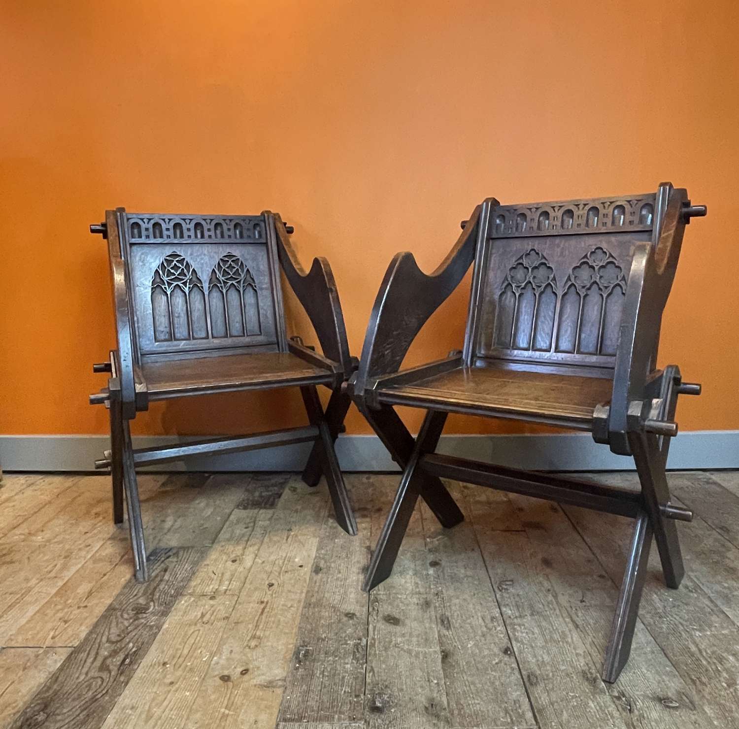 Pair of Victorian Gothic Oak Glastonbury Chairs