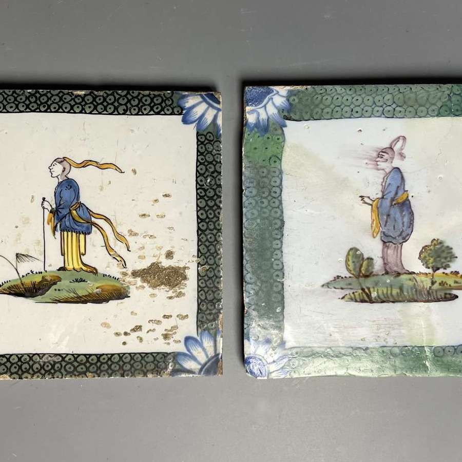 Two Bristol Delft Polychrome Chinoiserie Tiles with Fish Roe Borders