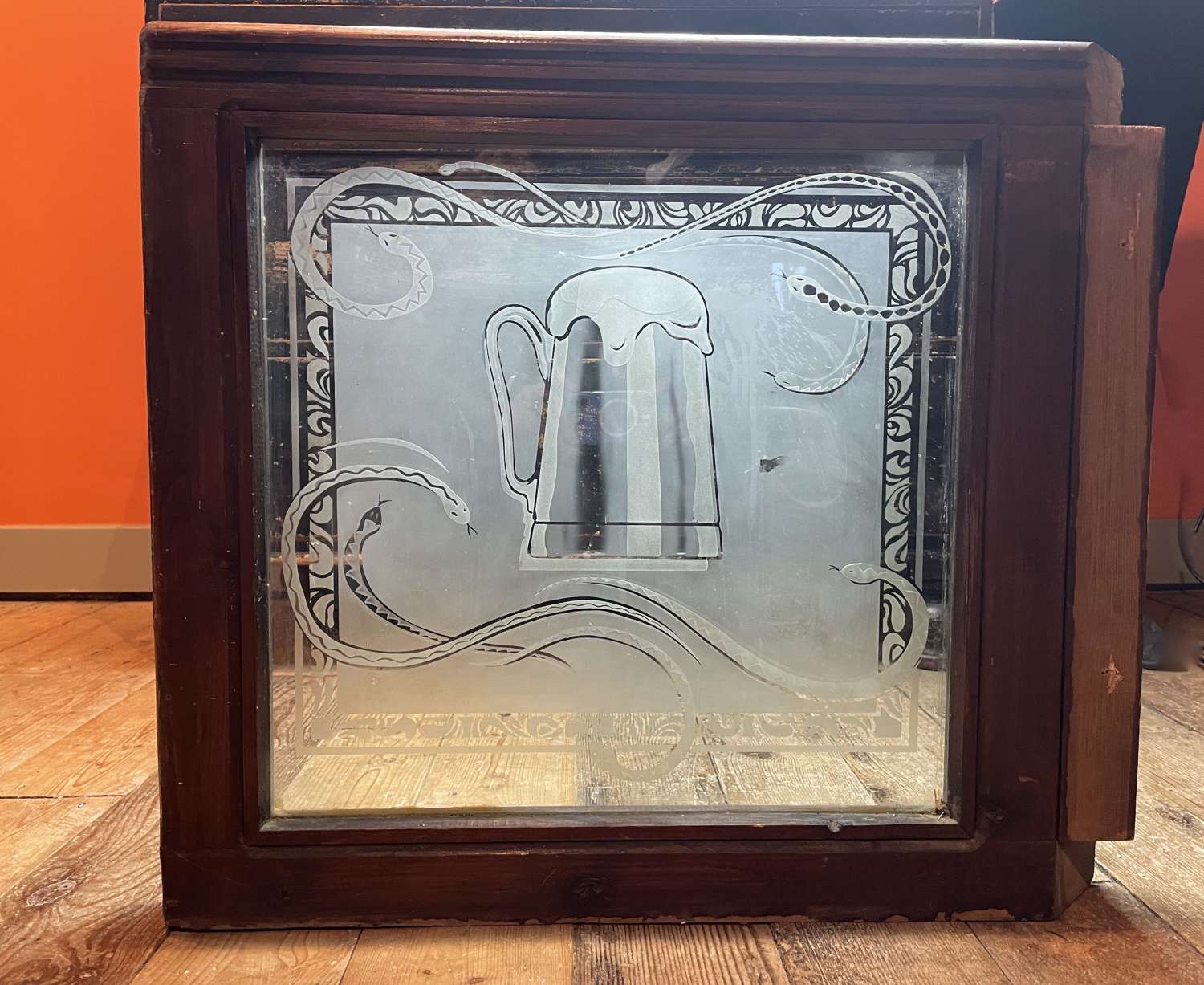 Pair of Victorian Acid Etched Pub Windows Decorated with Snakes