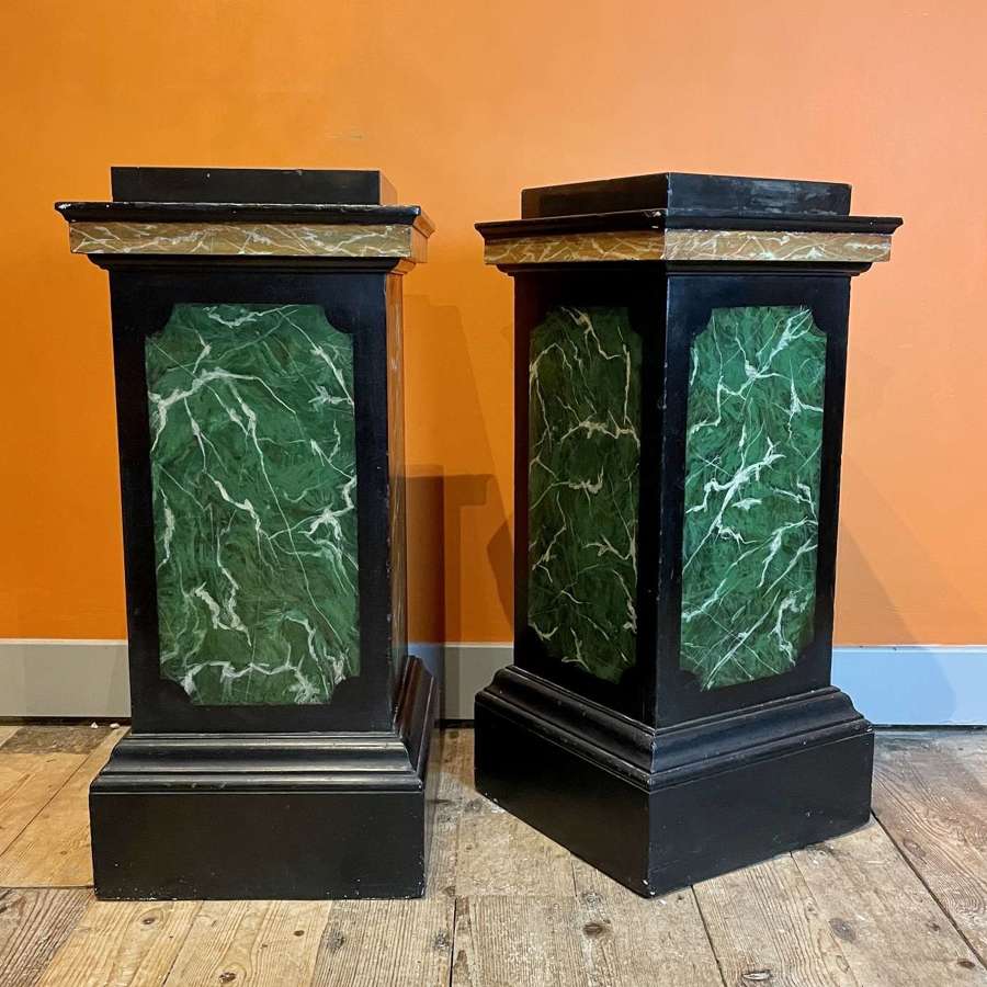 Pair of Painted Faux Marble Pedestals with Slate Tops