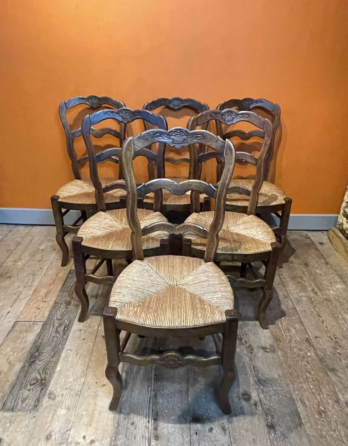 Set of Six Vintage French Oak Rush Seated Kitchen Chairs