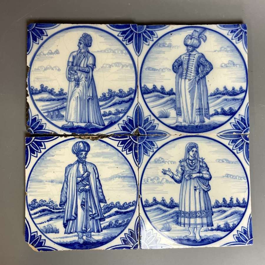 Set of Four Delft Tiles Painted with Figures in Turkish Costume