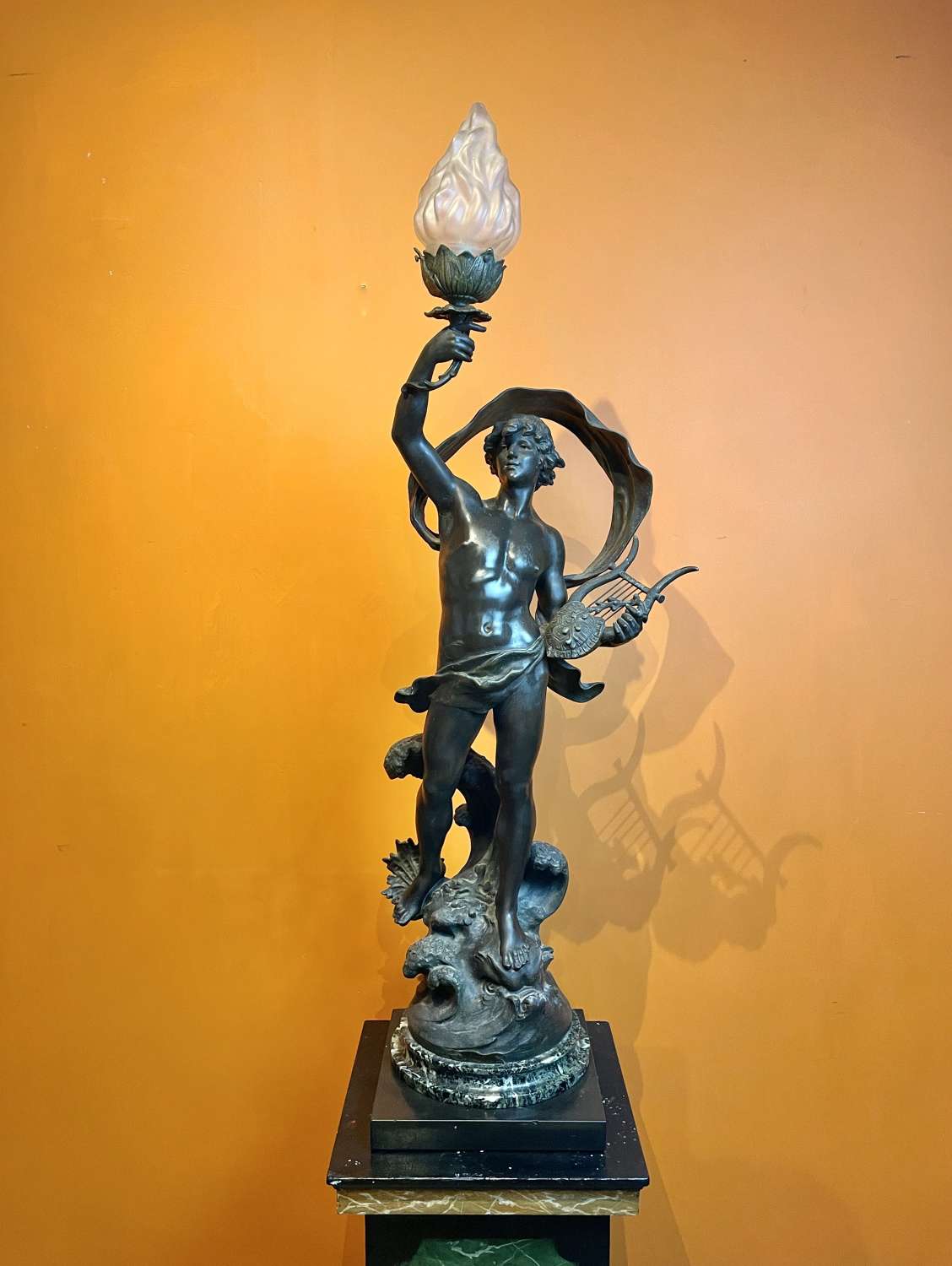 Large French Spelter Figural Lamp of Arion after Louis Moreau