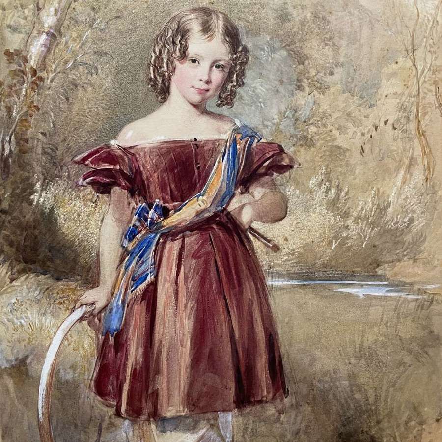 Victorian Watercolour of a Young Girl with a Hoop
