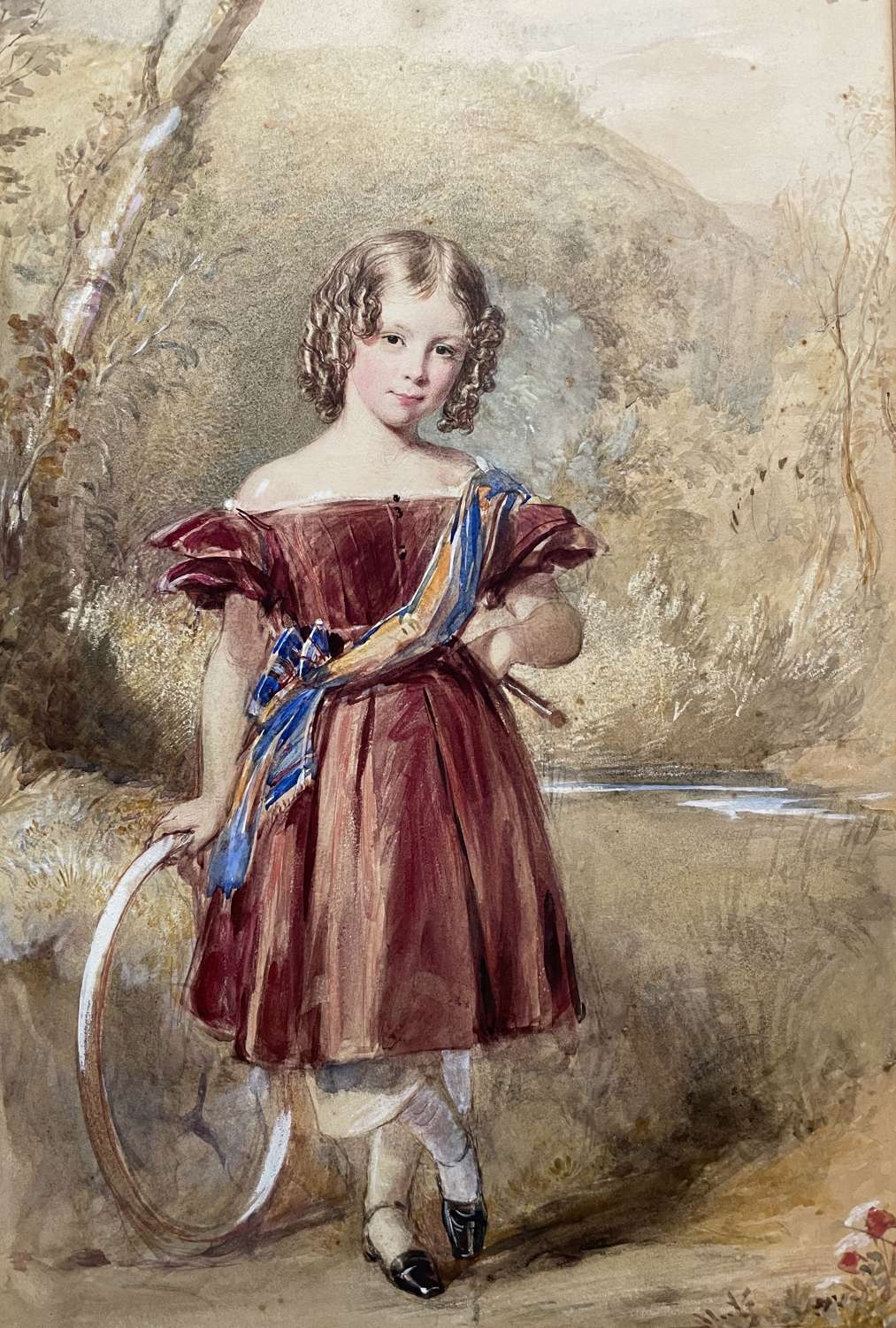 Victorian Watercolour of a Young Girl with a Hoop