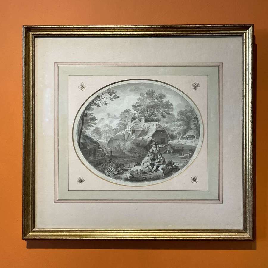 18th Century Pen, Ink and Grey Wash of Rustics in a Landscape