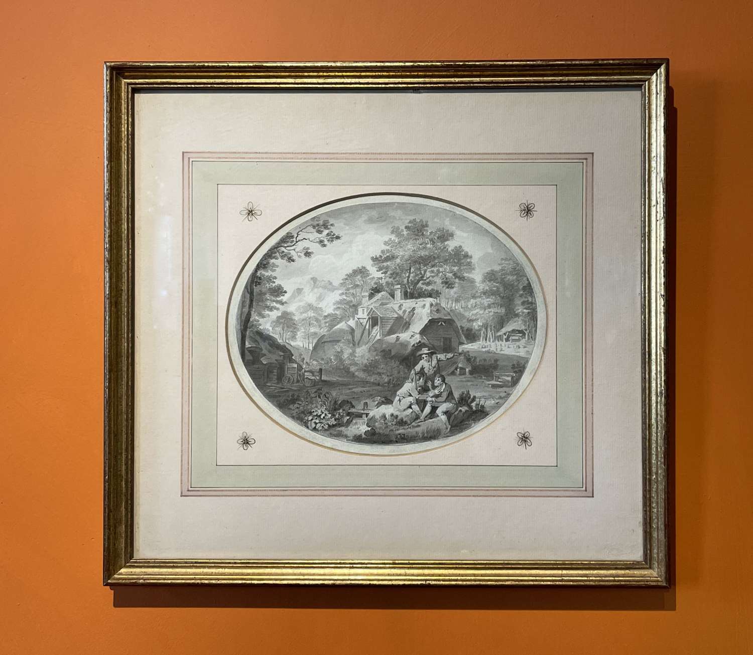 18th Century Pen, Ink and Grey Wash of Rustics in a Landscape