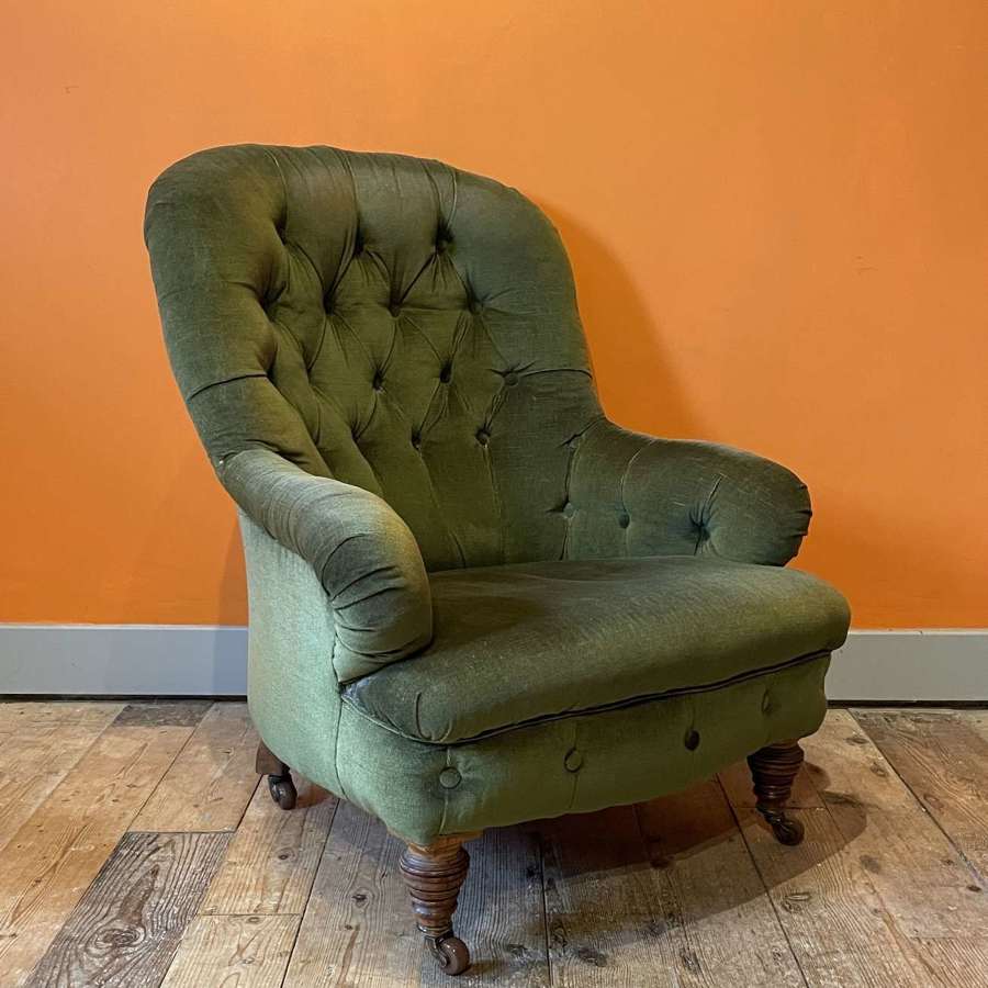 Antique Victorian Green Velvet Button Back Armchair