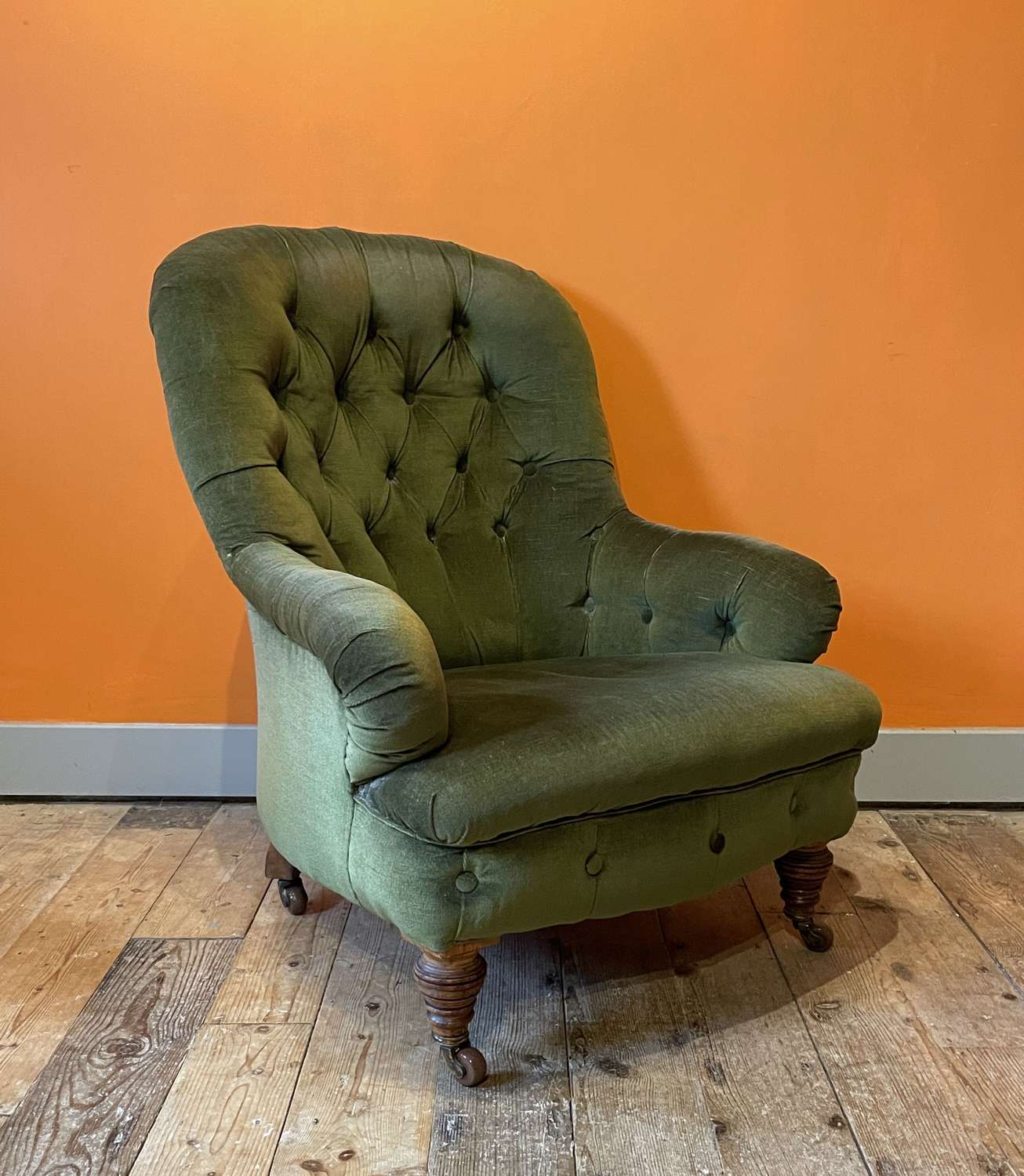 Antique Victorian Green Velvet Button Back Armchair