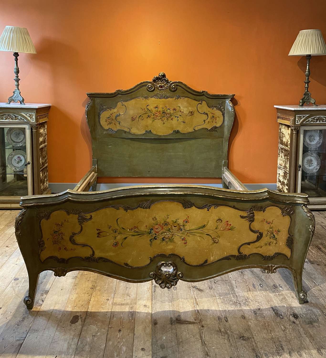 Antique Italian Floral Painted King Size Bed