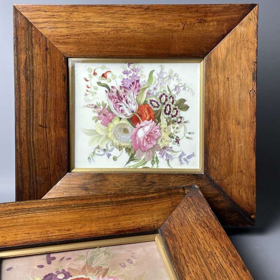 Pair of Victorian Rosewood Framed Botanical Painted Porcelain Plaques
